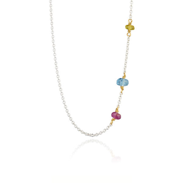 Three gems sølv halskæde med guld og mixede ædelsten